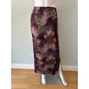 Vintage Whimsigoth Dark Floral Maxi Skirt Burgundy Plum Rose Side Slit Grunge M
